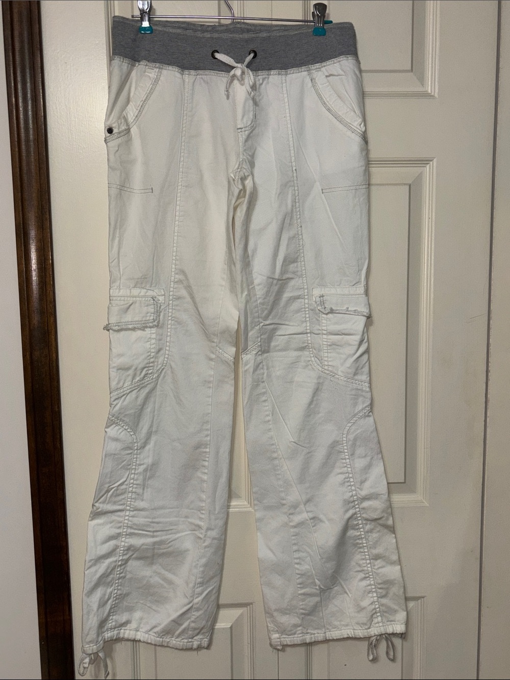 White Cargo Lounge Pants with Gray Drawstring Waist